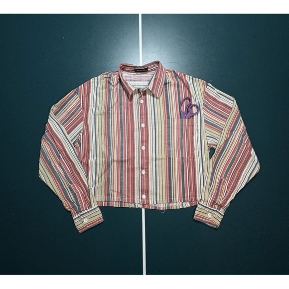 MCEDAR Tops - Striped Cropped Button Up Shirt Women's Medium Preppy Long Sleeve‎ Retro Casual